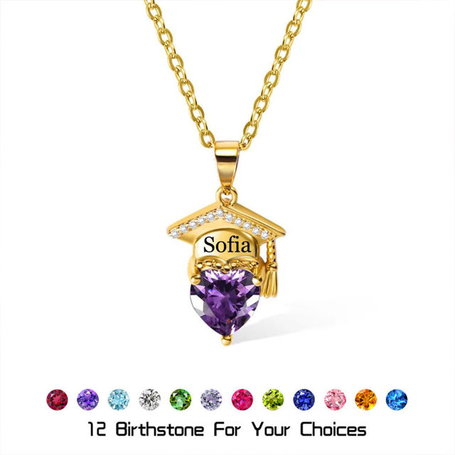 Picture of Custom Graduation Necklace with Heart Birthstone - Personalized College Necklace