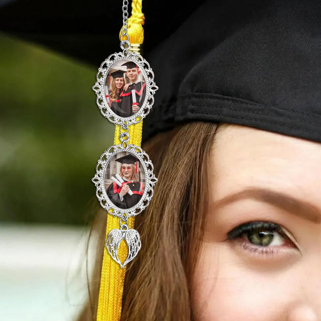 Picture of Custom Graduation Tassel Charm with Angel Wings - Personalized Graduation Cap Photo Charm