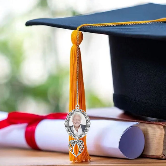 Picture of Custom Graduation Tassel Charm with Angel Wings - Personalized Graduation Cap Photo Charm