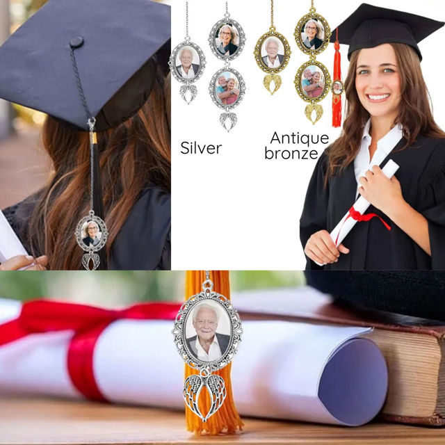 Picture of Custom Graduation Tassel Charm with Angel Wings - Personalized Graduation Cap Photo Charm