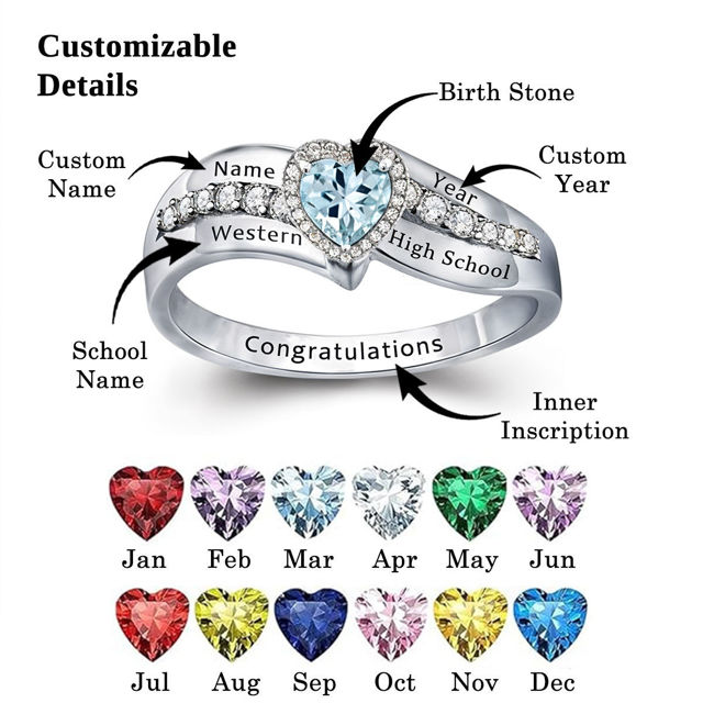 Picture of Custom Birthstone Graduation Ring - Personalized College Ring with Name - Best Graduation Gift for Her