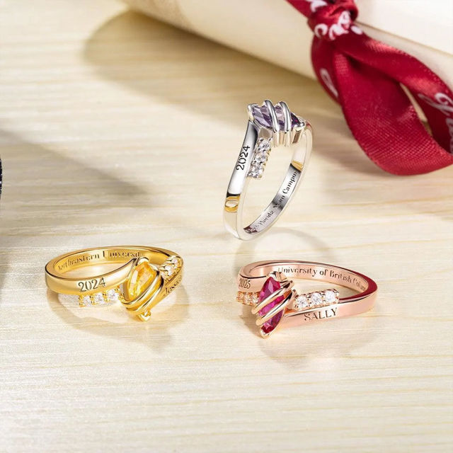 Picture of Custom Graduation Ring with Oval Birthstone - Personalized College Ring with Name - Graduation Gift for Her