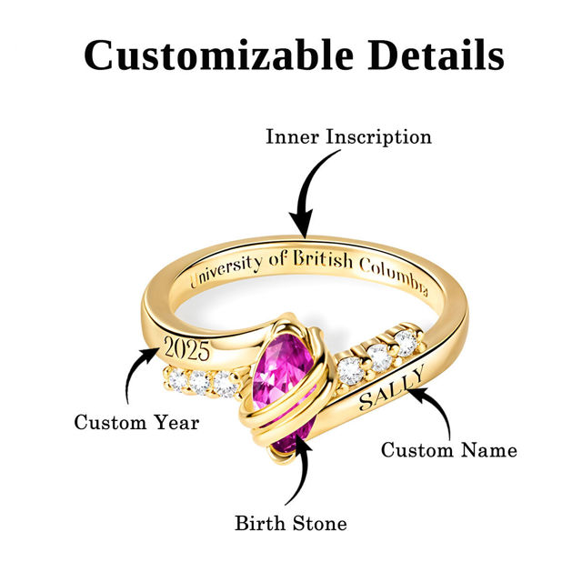 Picture of Custom Graduation Ring with Oval Birthstone - Personalized College Ring with Name - Graduation Gift for Her