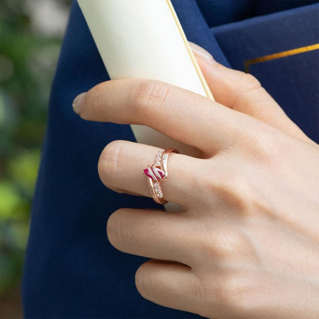 Picture of Custom Graduation Ring with Oval Birthstone - Personalized College Ring with Name - Graduation Gift for Her