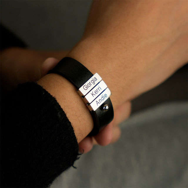Picture of Father's Day gift - Custom Stainless Steel Bracelet Engraved Leather Bracelet for Men