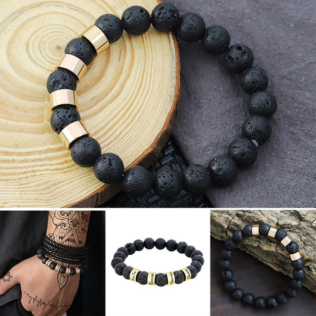 Picture of Custom Lava Beads Bracelet for Papa - Engraved Kids Names Bracelet for Dad