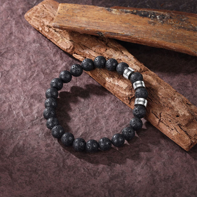 Picture of Custom Lava Beads Bracelet for Papa - Engraved Kids Names Bracelet for Dad