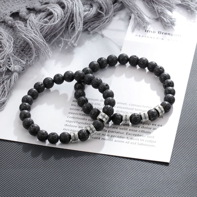 Picture of Custom Lava Beads Bracelet for Papa - Engraved Kids Names Bracelet for Dad