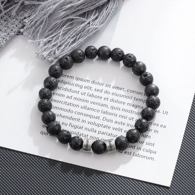 Picture of Custom Lava Beads Bracelet for Papa - Engraved Kids Names Bracelet for Dad