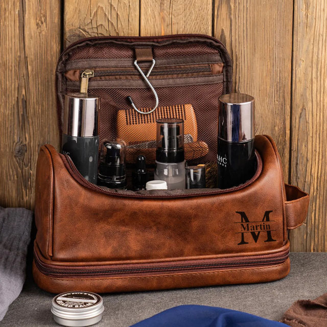 Picture of Custom Double Layer Leather Toiletry Bag - Personalized Groomsmen Gifts - Travel Bag For Men