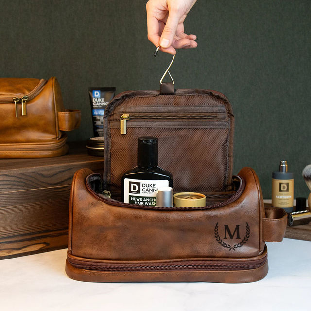 Picture of Custom Double Layer Leather Toiletry Bag - Personalized Groomsmen Gifts - Travel Bag For Men