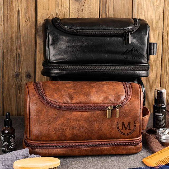 Picture of Custom Double Layer Leather Toiletry Bag - Personalized Groomsmen Gifts - Travel Bag For Men