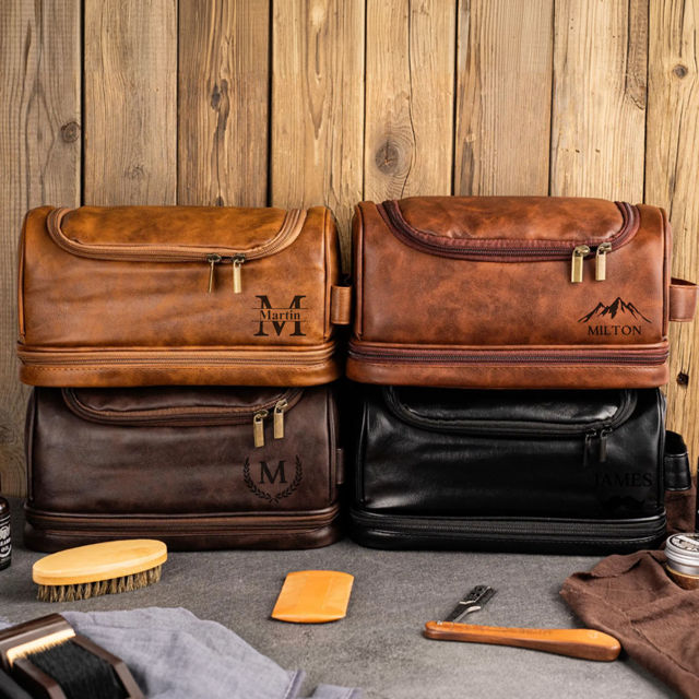 Picture of Custom Double Layer Leather Toiletry Bag - Personalized Groomsmen Gifts - Travel Bag For Men