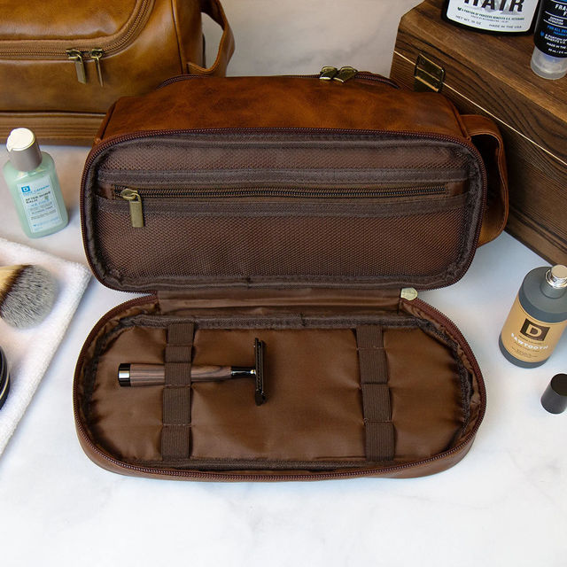 Picture of Custom Double Layer Leather Toiletry Bag - Personalized Groomsmen Gifts - Travel Bag For Men