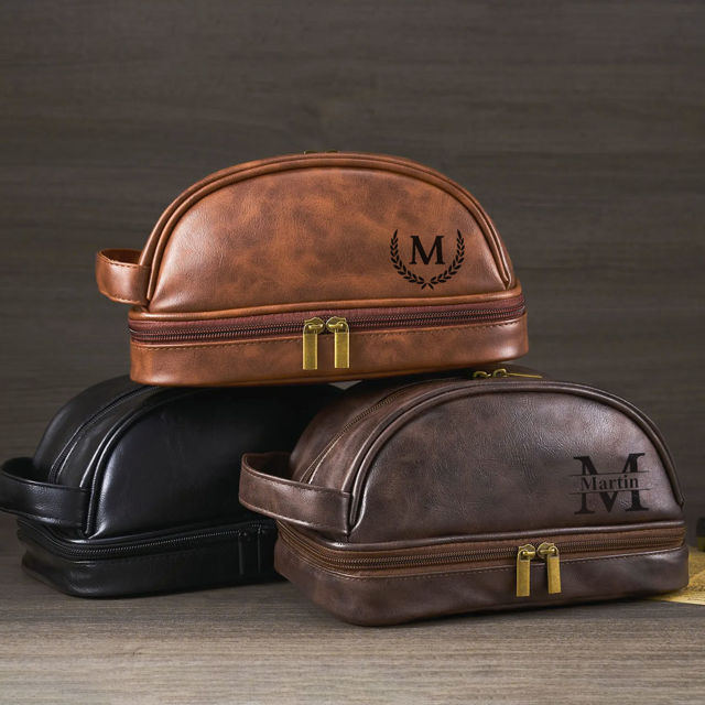 Picture of Custom Double Layer Leather Toiletry Bag for Men - Personalized Groomsmen Gifts - Gift for Dad
