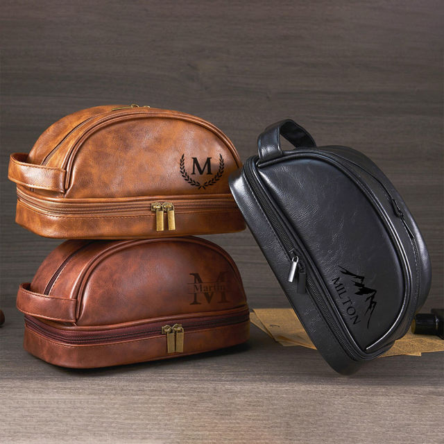 Picture of Custom Double Layer Leather Toiletry Bag for Men - Personalized Groomsmen Gifts - Gift for Dad