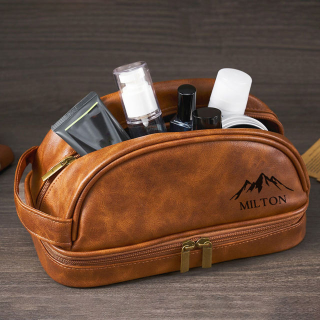 Picture of Custom Double Layer Leather Toiletry Bag for Men - Personalized Groomsmen Gifts - Gift for Dad