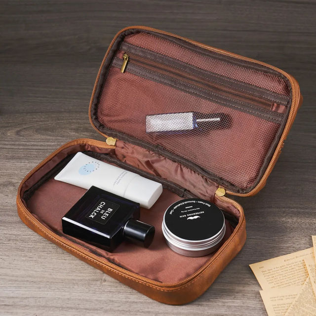 Picture of Custom Double Layer Leather Toiletry Bag for Men - Personalized Groomsmen Gifts - Gift for Dad
