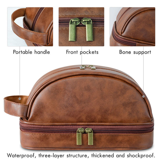 Picture of Custom Double Layer Leather Toiletry Bag for Men - Personalized Groomsmen Gifts - Gift for Dad