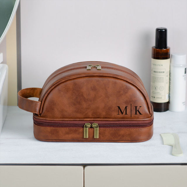 Picture of Custom Double Layer Leather Toiletry Bag for Men - Personalized Groomsmen Gifts - Gift for Dad