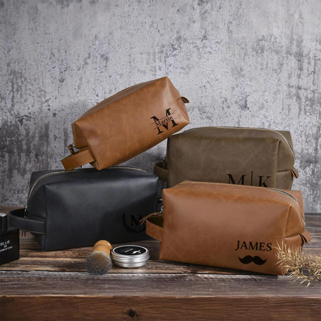 Picture of Custom Leather Toiletry Bag - Personalized Groomsmen Gifts - Travel Bag for Father's Day