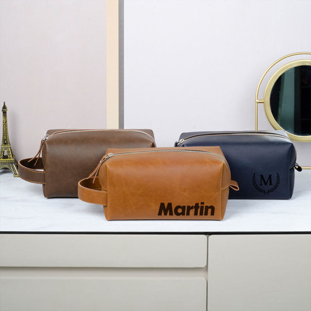 Picture of Custom Leather Toiletry Bag - Personalized Groomsmen Gifts - Travel Bag for Father's Day