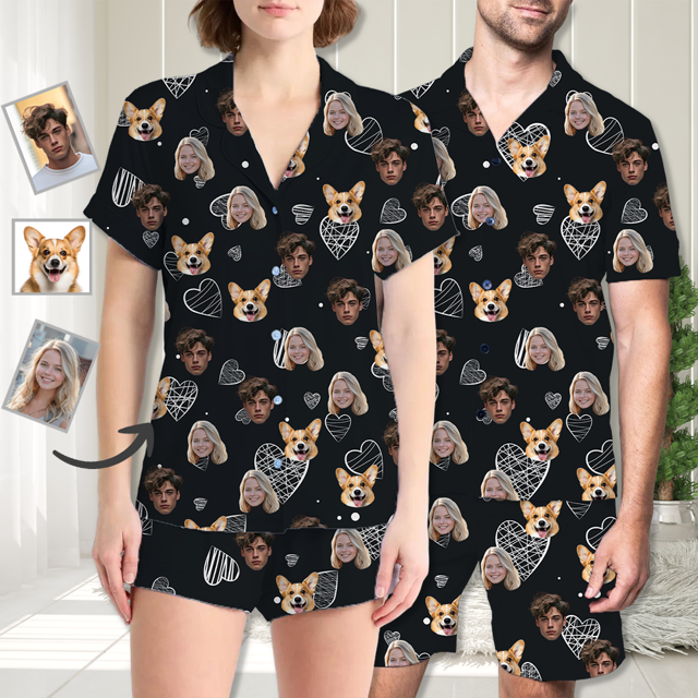 Picture of Custom Face Pajamas Full Set Short Sleeves - Personalised Unisex Pajamas Set for Couple