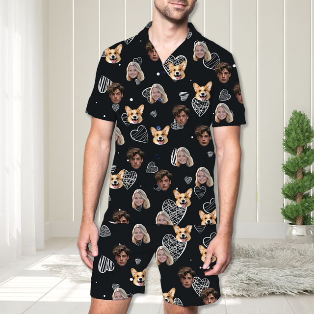 Picture of Custom Face Pajamas Full Set Short Sleeves - Personalised Unisex Pajamas Set for Couple