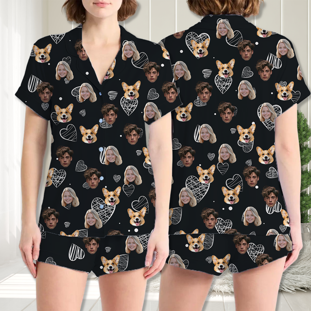 Picture of Custom Face Pajamas Full Set Short Sleeves - Personalised Unisex Pajamas Set for Couple