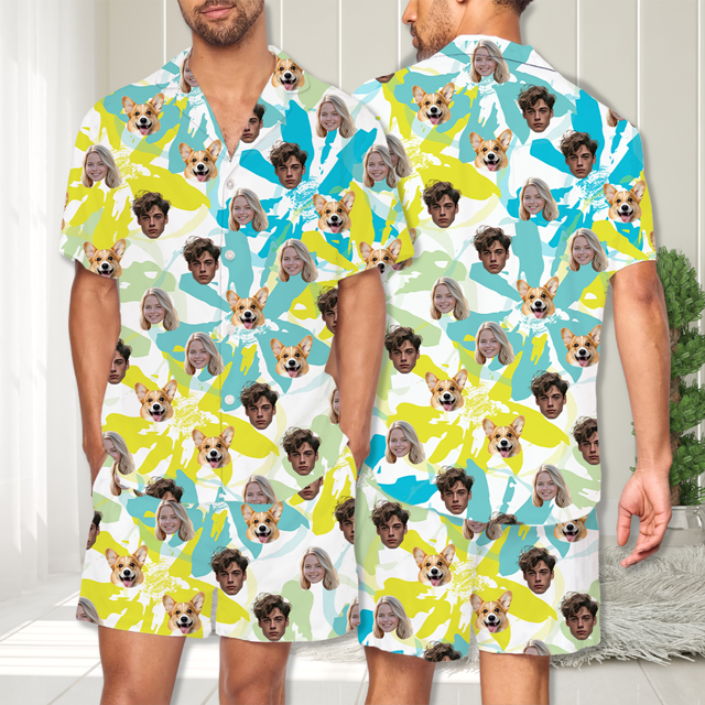 Picture of Custom Face Pajamas Full Set with Short Sleeves - Personalized Unisex Pajamas Set for Couples