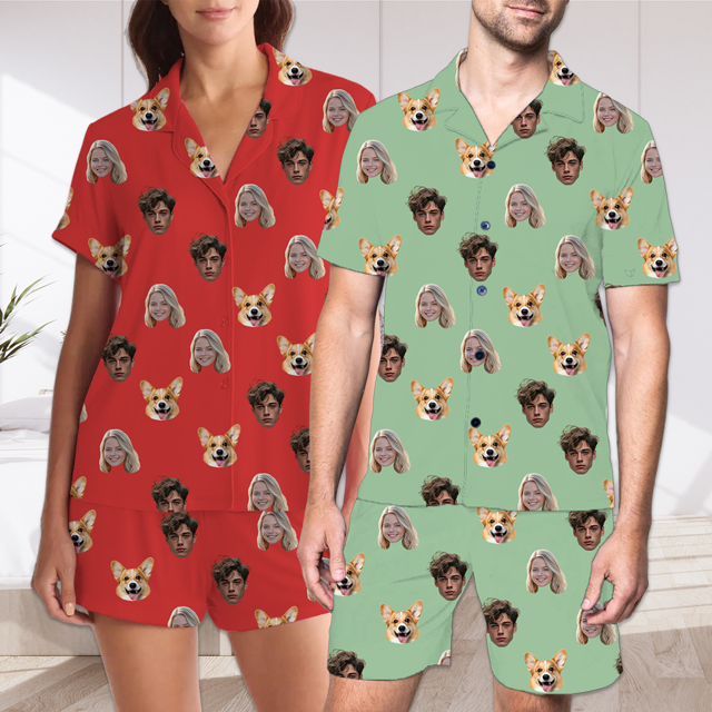Picture of Custom Short Sleeves Face Pajamas Full Set - Personalised Unisex Summer Pajama Set