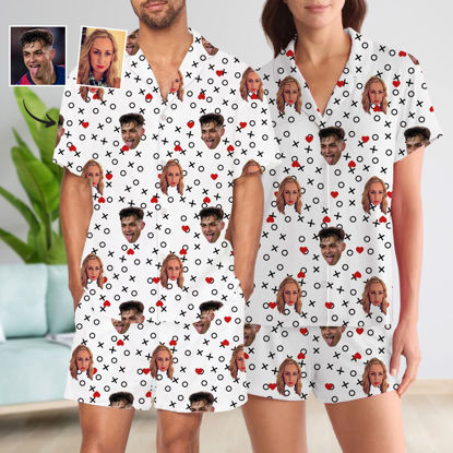 Picture of Custom Summer Couple Pajamas Full Set with Short Sleeves - Personalised Unisex Pajama Set