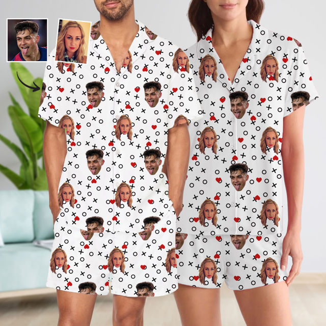 Picture of Custom Summer Couple Pajamas Full Set with Short Sleeves - Personalised Unisex Pajama Set