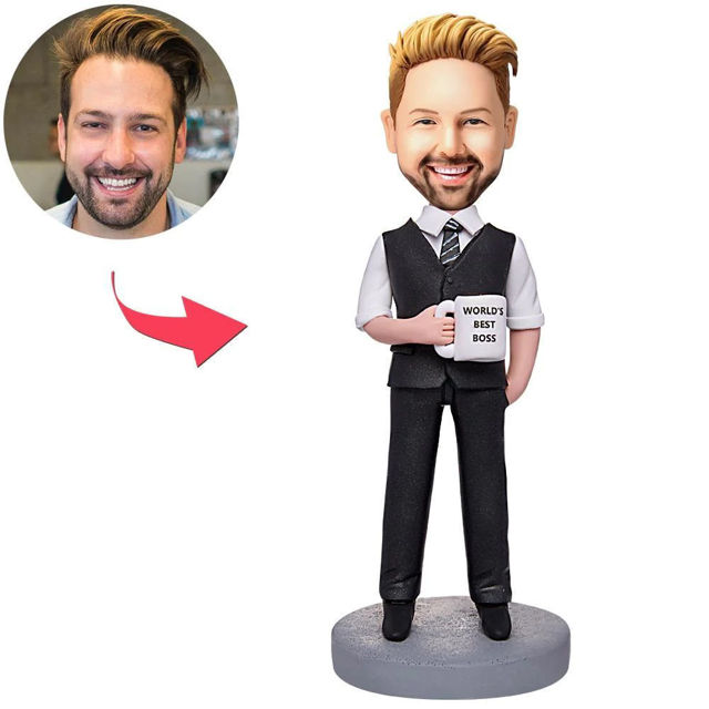 Picture of Custom Bobbleheads: World's Best Boss Businessman Holding A Water Glass| Personalized Bobbleheads for the Special Someone as a Unique Gift Idea｜Best Gift Idea for Birthday, Christmas, Thanksgiving etc.