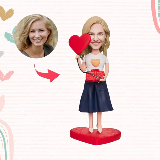 Picture of Custom Bobbleheads: Beautiful Girl Holding a Gift Box and a Love Heart | Personalized Bobbleheads for the Special Someone as a Unique Gift Idea｜Best Gift Idea for Birthday, Christmas, Thanksgiving etc.