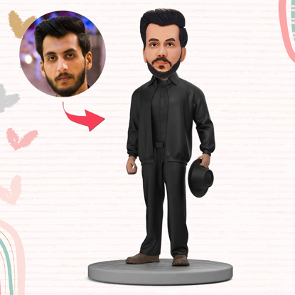 Picture of Custom Bobbleheads: Black Jacket Man With Bowler Hat | Personalized Bobbleheads for the Special Someone as a Unique Gift Idea｜Best Gift Idea for Birthday, Christmas, Thanksgiving etc.
