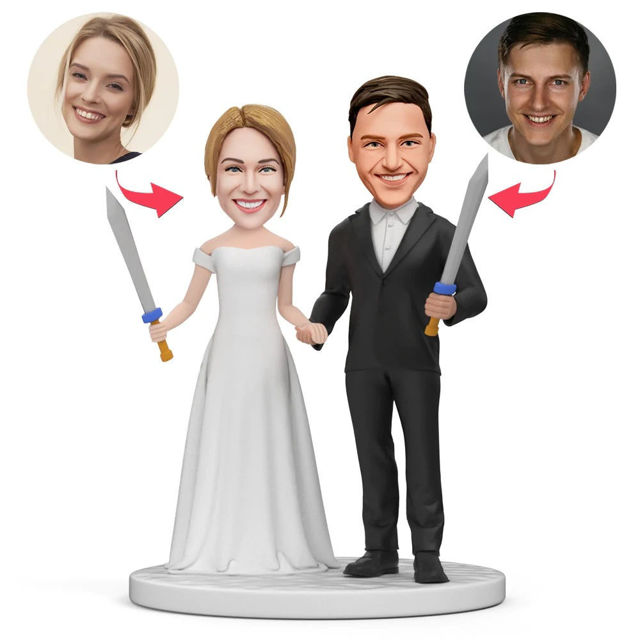 Picture of Custom Bobbleheads: Couples in Holding Sword Fighting| Personalized Bobbleheads for the Special Someone as a Unique Gift Idea｜Best Gift Idea for Birthday, Christmas, Thanksgiving etc.