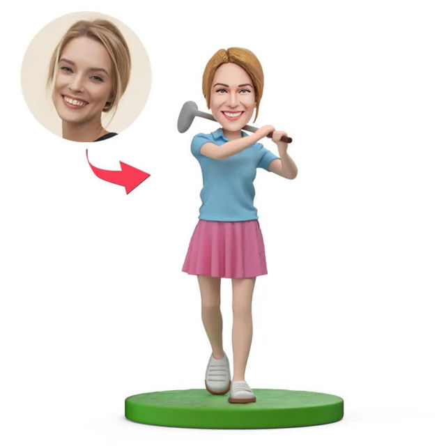 Picture of Custom Bobbleheads: Happy Female Golfer in Blue Suit | Personalized Bobbleheads for the Special Someone as a Unique Gift Idea｜Best Gift Idea for Birthday, Christmas, Thanksgiving etc.