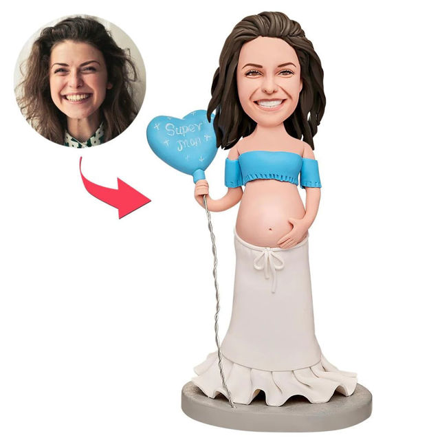Picture of Custom Bobbleheads: Pregnant Super Mom Holding Balloon | Personalized Bobbleheads for the Special Someone as a Unique Gift Idea｜Best Gift Idea for Birthday, Christmas, Thanksgiving etc.