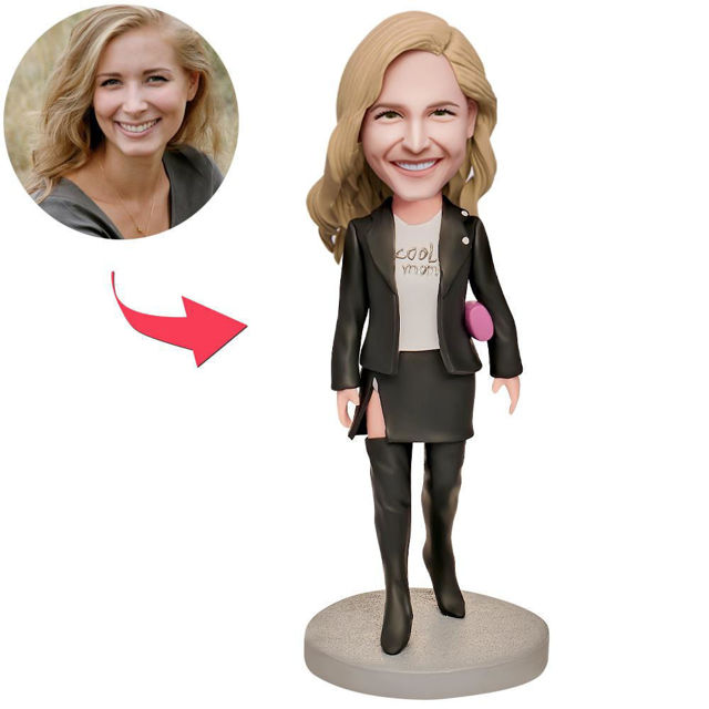 Picture of Custom Bobbleheads: Super Cool Mom in Black Suit | Personalized Bobbleheads for the Special Someone as a Unique Gift Idea｜Best Gift Idea for Birthday, Christmas, Thanksgiving etc.
