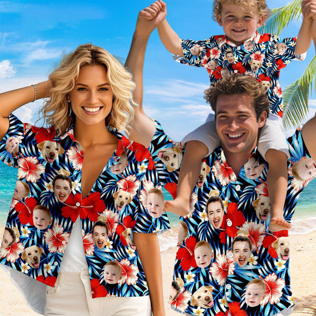 Picture of Custom Face Hawaiian Shirt for Family - Custom Hawaiian Shirt with Tropical Flower Type