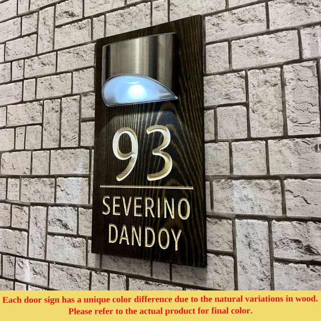Picture of Custom Wooden Solar Light House Sign - Personalised Engraved Door Number Sign Plaque - LED Lit Numbers