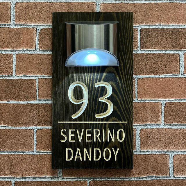 Picture of Custom Wooden Solar Light House Sign - Personalised Engraved Door Number Sign Plaque - LED Lit Numbers
