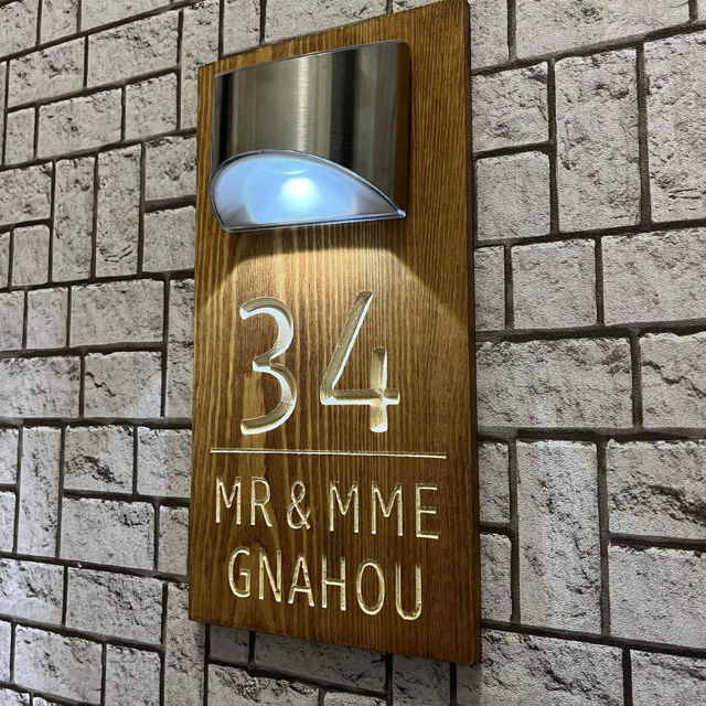 Picture of Custom Wooden Solar Light House Sign - Personalised Engraved Door Number Sign Plaque - LED Lit Numbers