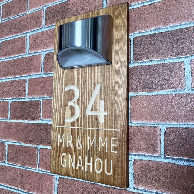 Picture of Custom Wooden Solar Light House Sign - Personalised Engraved Door Number Sign Plaque - LED Lit Numbers