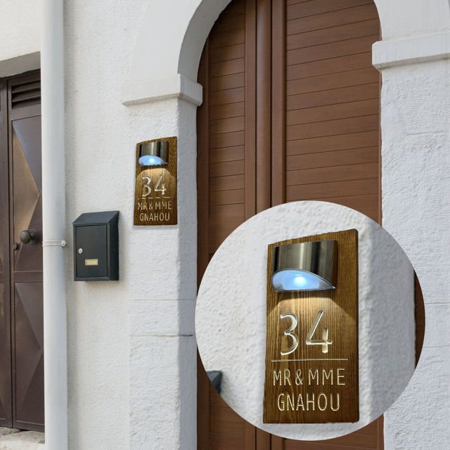 Picture of Custom Wooden Solar Light House Sign - Personalised Engraved Door Number Sign Plaque - LED Lit Numbers