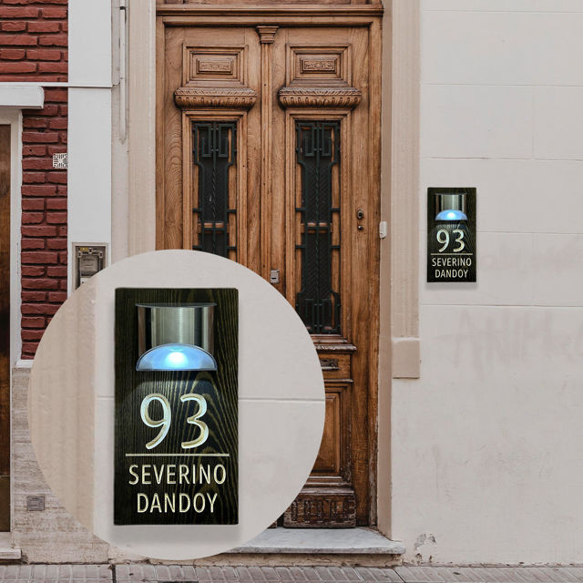 Picture of Custom Wooden Solar Light House Sign - Personalised Engraved Door Number Sign Plaque - LED Lit Numbers