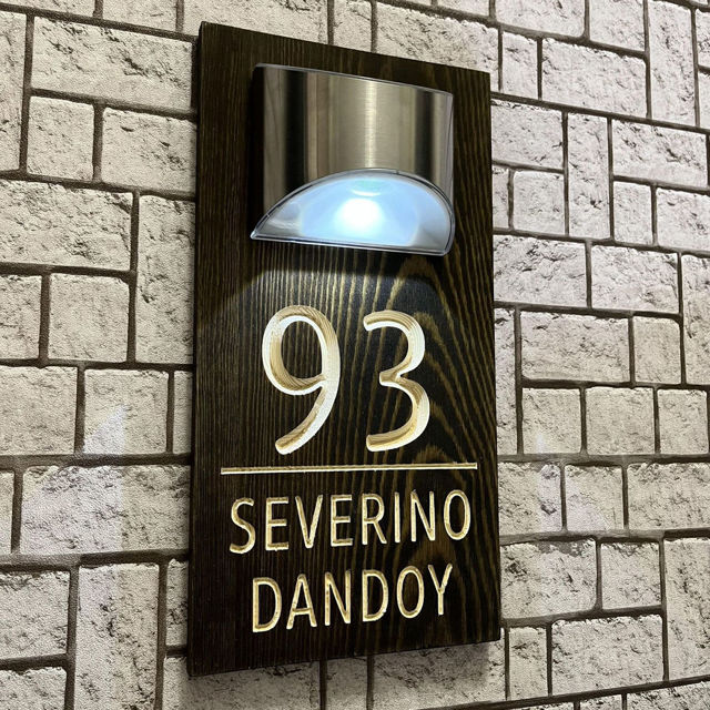 Picture of Custom Wooden Solar Light House Sign - Personalised Engraved Door Number Sign Plaque - LED Lit Numbers