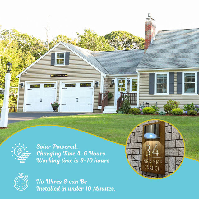 Picture of Custom Wooden Solar Light House Sign - Personalised Engraved Door Number Sign Plaque - LED Lit Numbers
