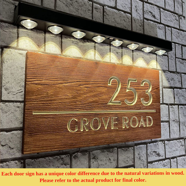 Picture of Custom Waterproof Wooden House Sign with Solar Light - Personalised Engraved Door Number Sign Plaque